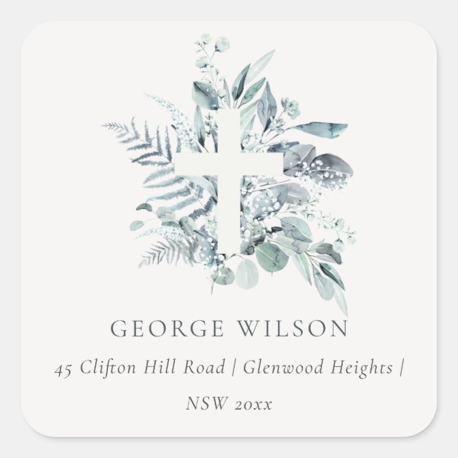 Dusky Green Eucalyptus Fern Foliage Cross Address Square Sticker (Front)