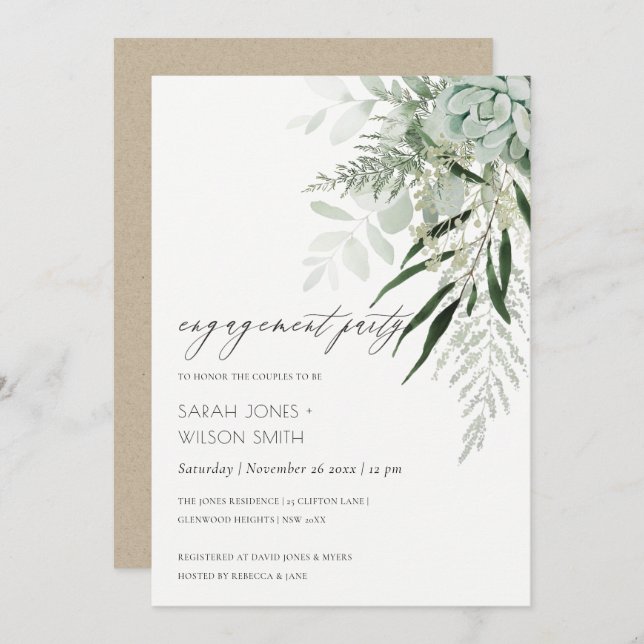 Dusky Green Leafy Fern Succulent Engagement Invite (Front/Back)