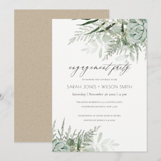 Dusky Green Leafy Fern Succulent Engagement Invite (Front/Back)