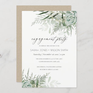 Dusky Green Leafy Fern Succulent Engagement Invite