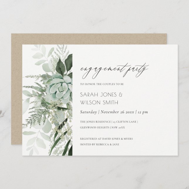 Dusky Green Leafy Fern Succulent Engagement Invite (Front/Back)