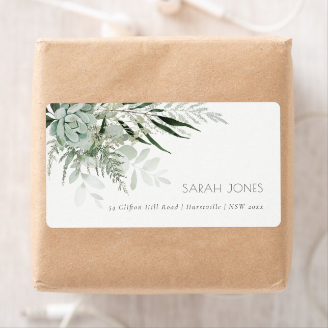 Dusky Green Leafy Fern Succulent Foliage Address Label (Insitu)