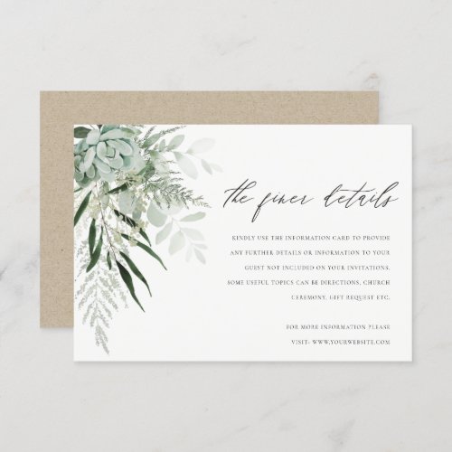 Dusky Green Leafy Fern Succulent Wedding Details Enclosure Card