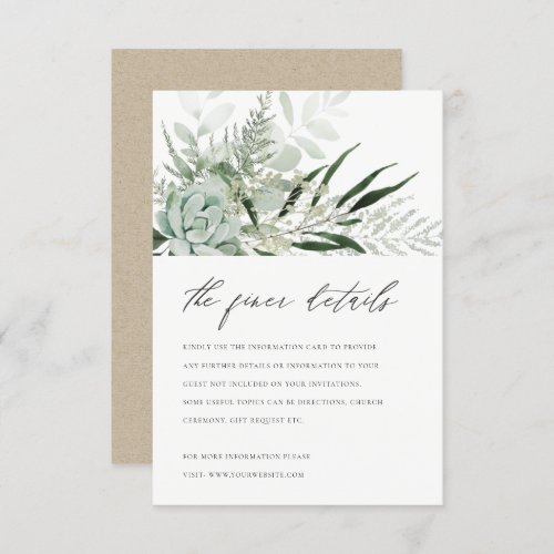 Dusky Green Leafy Fern Succulent Wedding Details Enclosure Card
