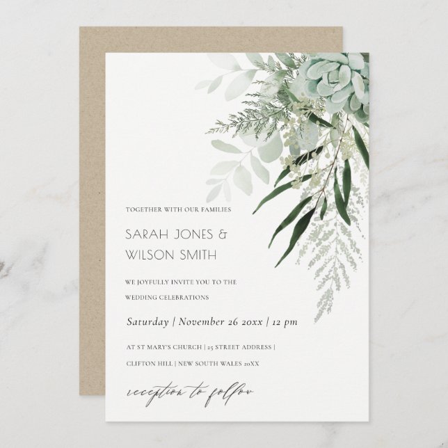 Dusky Green Leafy Fern Succulent Wedding Invite (Front/Back)