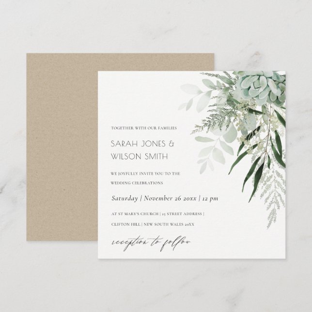 Dusky Green Leafy Fern Succulent Wedding Invite (Front/Back)