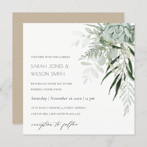 Dusky Green Leafy Fern Succulent Wedding Invite