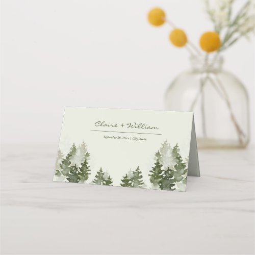 Dusky Green Mountain Pine Wedding Place Card
