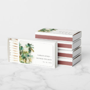 Dusky Green Tropical Palm Trees Watercolor Wedding Matchboxes
