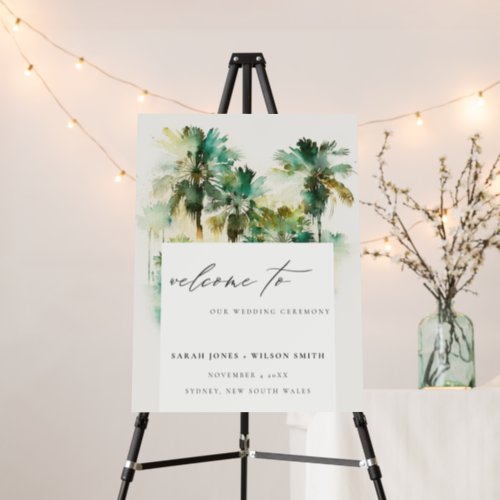 Dusky Green Tropical Palm Trees Wedding Welcome Foam Board