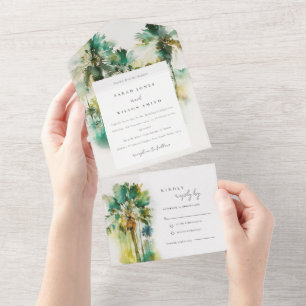 Dusky Green Tropical Watercolor Palm Trees Wedding All In One Invitation