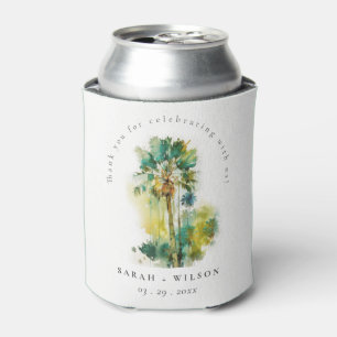 Dusky Green Tropical Watercolor Palm Trees Wedding Can Cooler