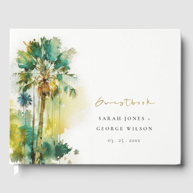 Dusky Green Tropical Watercolor Palm Trees Wedding Guest Book (Front)
