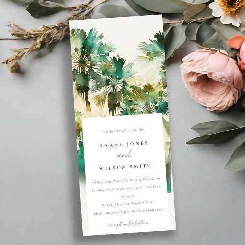 Dusky Green Tropical Watercolor Palm Trees Wedding Invitation