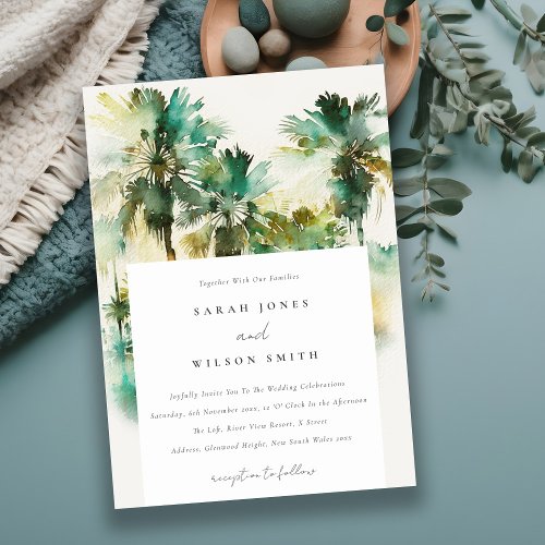 Dusky Green Tropical Watercolor Palm Trees Wedding Invitation