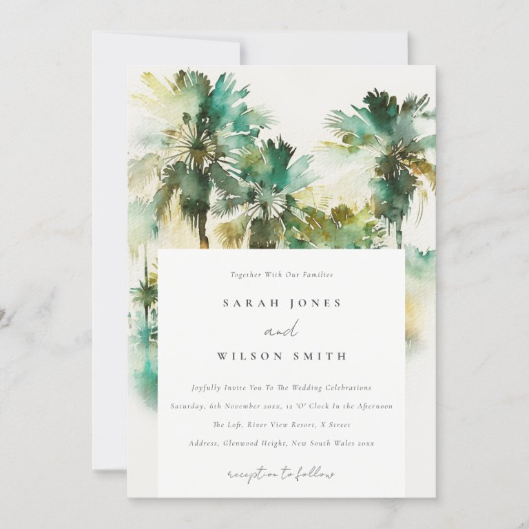 Dusky Green Tropical Watercolor Palm Trees Wedding Invitation