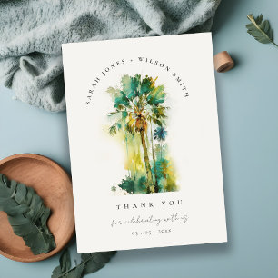 Dusky Green Tropical Watercolor Palm Trees Wedding Letterpress Thank You Card