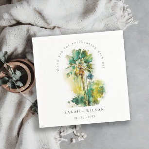 Dusky Green Tropical Watercolor Palm Trees Wedding Napkins
