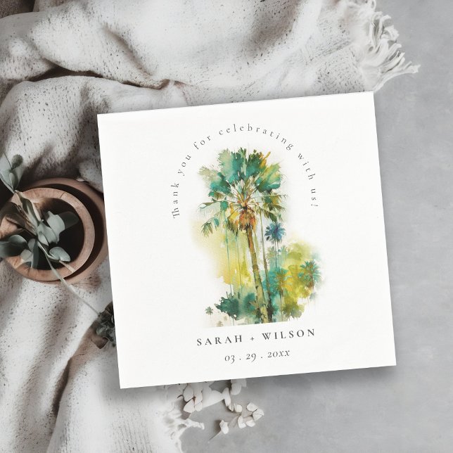 Dusky Green Tropical Watercolor Palm Trees Wedding Napkins (Creator Uploaded)