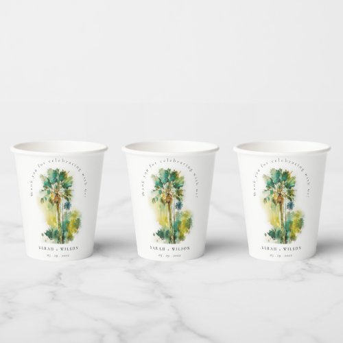 Dusky Green Tropical Watercolor Palm Trees Wedding Paper Cups