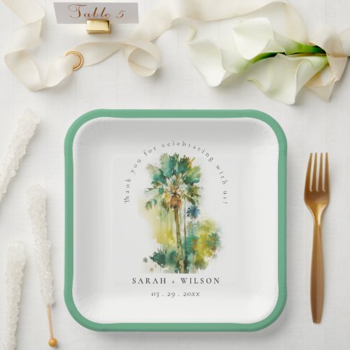 Dusky Green Tropical Watercolor Palm Trees Wedding Paper Plates