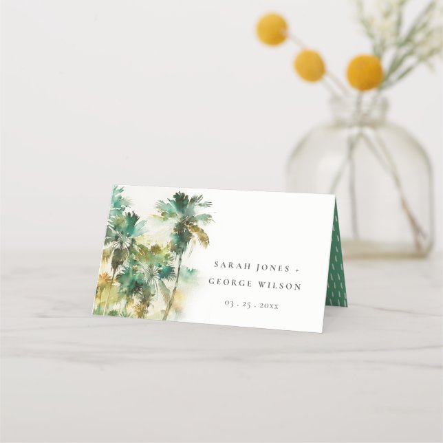Dusky Green Tropical Watercolor Palm Trees Wedding Place Card (Front)