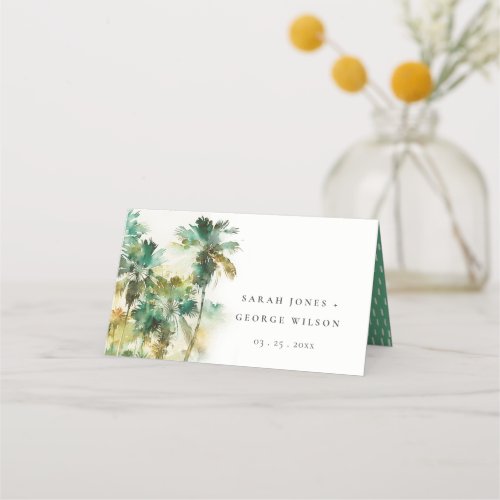 Dusky Green Tropical Watercolor Palm Trees Wedding Place Card