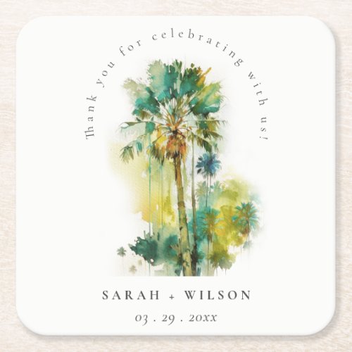 Dusky Green Tropical Watercolor Palm Trees Wedding Square Paper Coaster