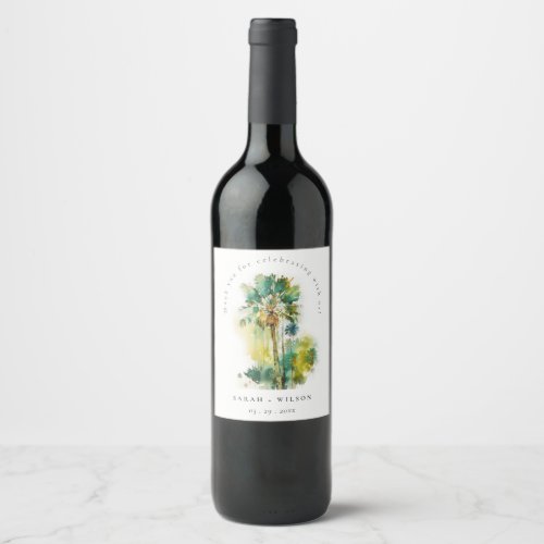Dusky Green Tropical Watercolor Palm Trees Wedding Wine Label