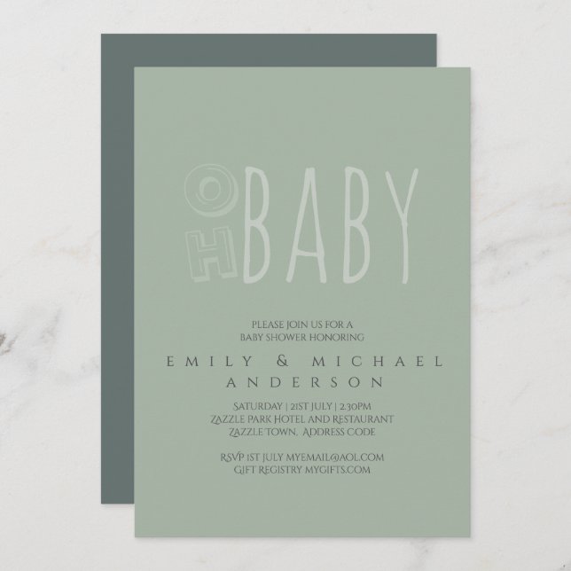 Dusky Green Typography Modern Baby Shower Invitation (Front/Back)