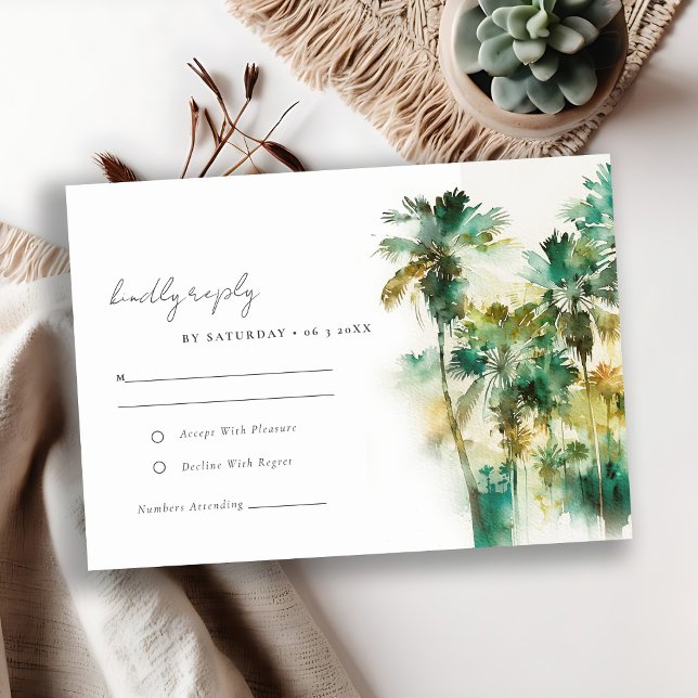 Dusky Green Yellow Tropical Palm Trees Wedding RSVP Card (Creator Uploaded)