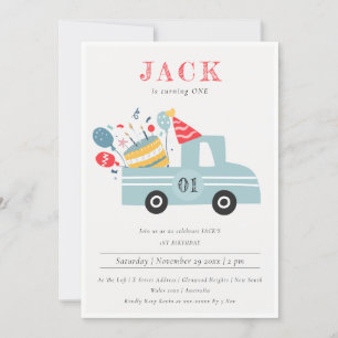 Dusky Grey Blue Any Age Birthday Party Cake Truck Invitation
