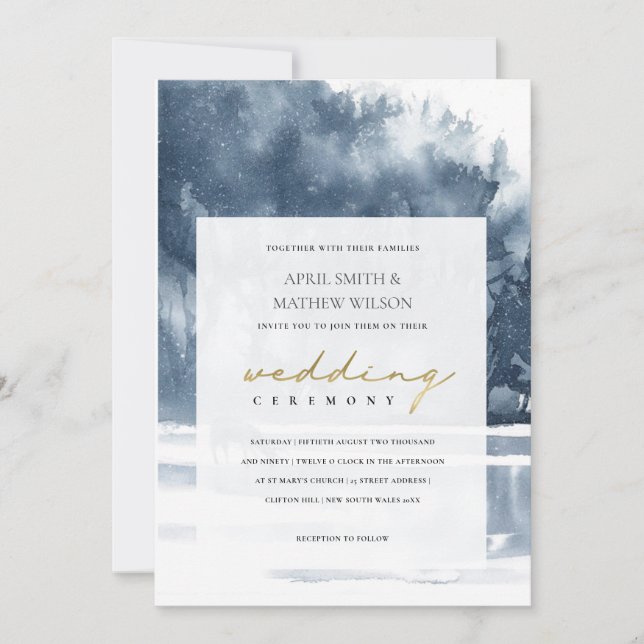 DUSKY INK BLUE FOREST LAKE PINE WEDDING INVITE (Front)