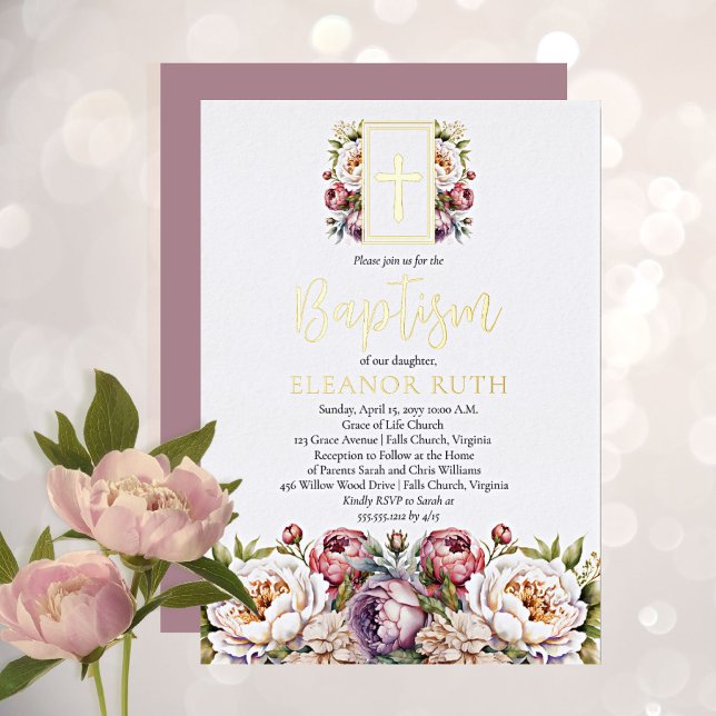 Dusky Lavender Blossoms Girl Floral Baptism Foil Invitation (Creator Uploaded)