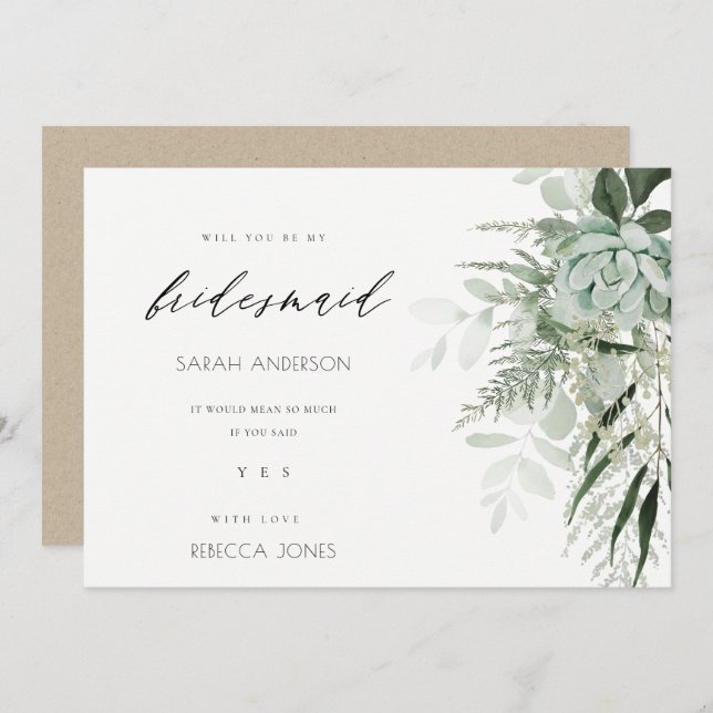 Dusky Leafy Fern Succulent Bridesmaid Invite (Front/Back)