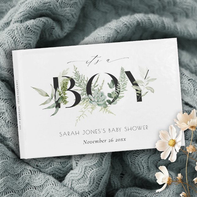 Dusky Leafy Fern Succulent It's A Boy Baby Shower Guest Book (Creator Uploaded)
