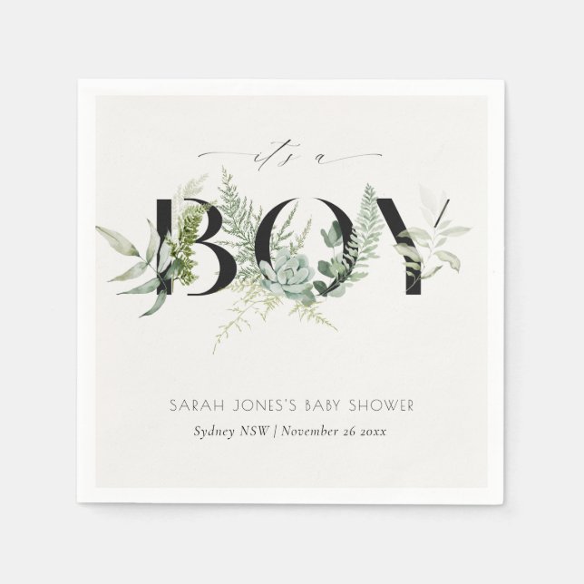 Dusky Leafy Fern Succulent It's a Boy Baby Shower Napkins (Front)