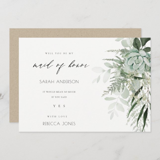 Dusky Leafy Fern Succulent Maid of Honor Invite (Front/Back)