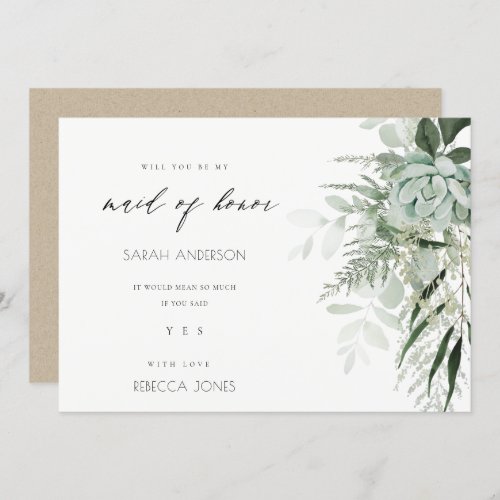 Dusky Leafy Fern Succulent Maid of Honor Invite