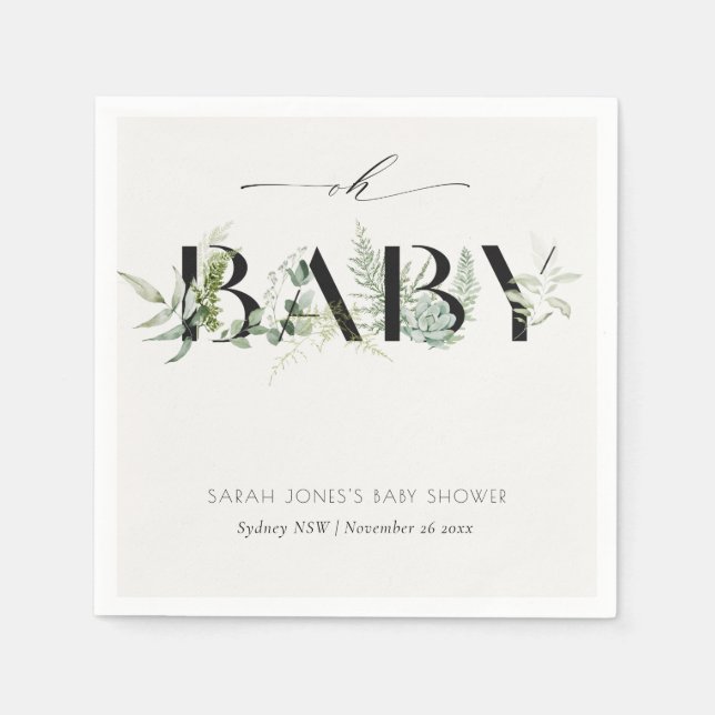 Dusky Leafy Fern Succulent Oh Baby Shower Napkins (Front)