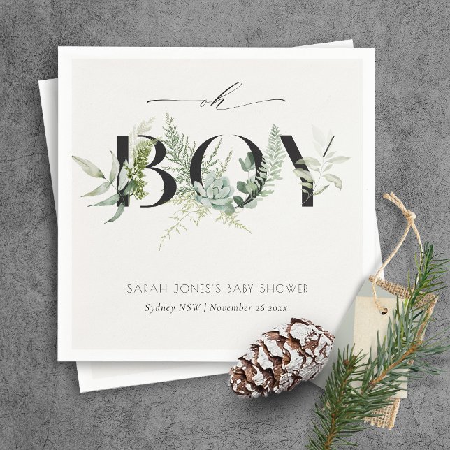 Dusky Leafy Fern Succulent Oh Boy Baby Shower Napkins (Creator Uploaded)