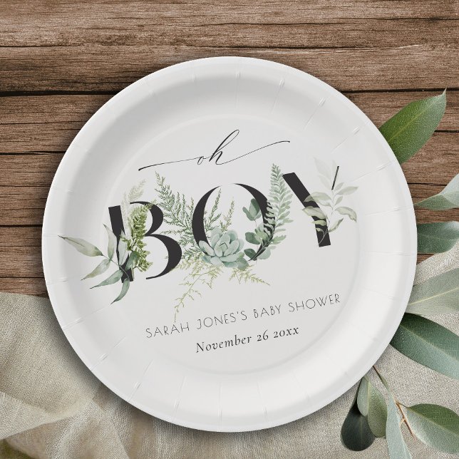 Dusky Leafy Fern Succulent Oh Boy Baby Shower  Paper Plates (Creator Uploaded)