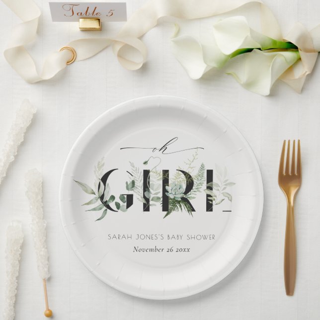 Dusky Leafy Fern Succulent Oh Girl Baby Shower Paper Plates (Wedding)