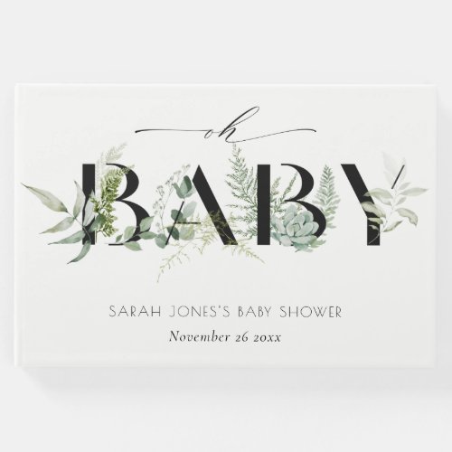 Dusky Leafy Fern Succulent Oh Script Baby Shower Guest Book