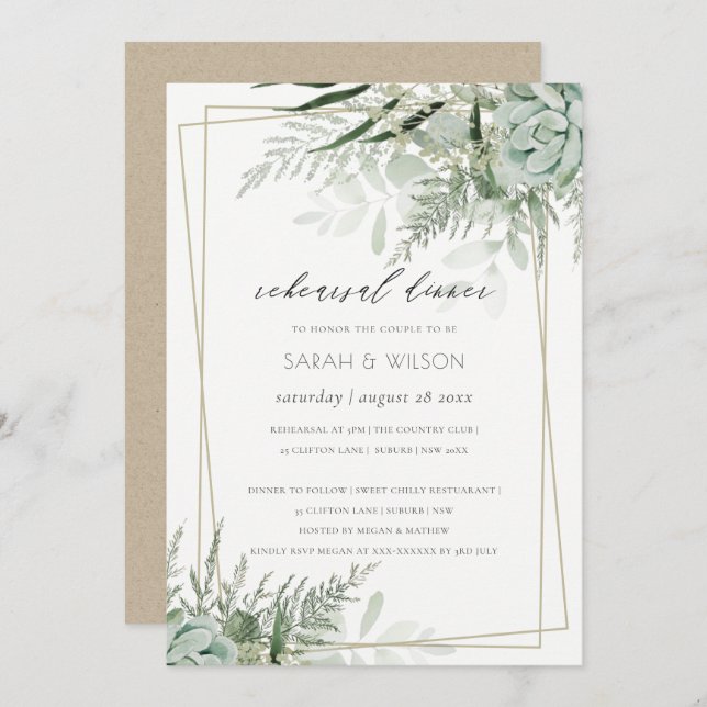 Dusky Leafy Fern Succulent Rehearsal Dinner Invite (Front/Back)