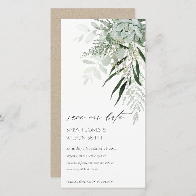 Dusky Leafy Fern Succulent Save the Date Card (Front/Back)