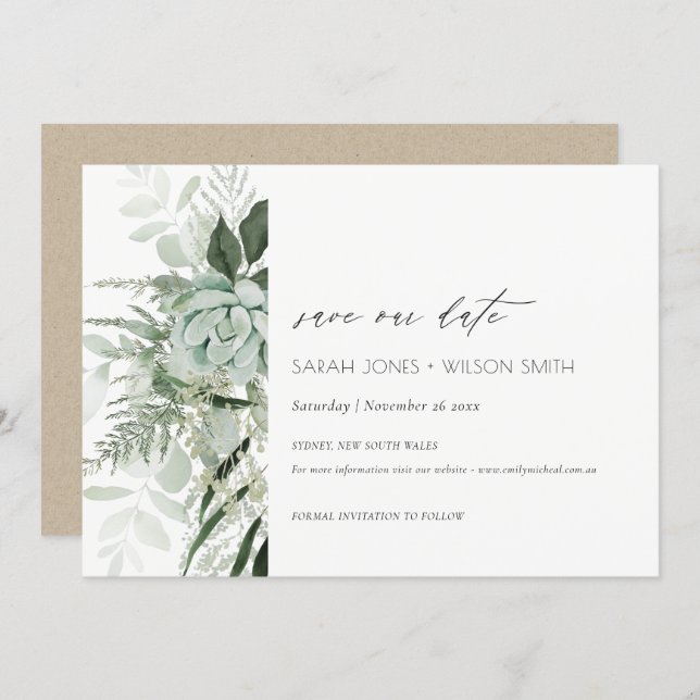 Dusky Leafy Fern Succulent Save the Date Card (Front/Back)