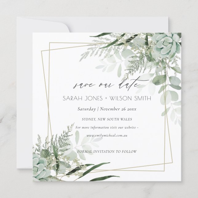 Dusky Leafy Fern Succulent Save the Date Card (Front)