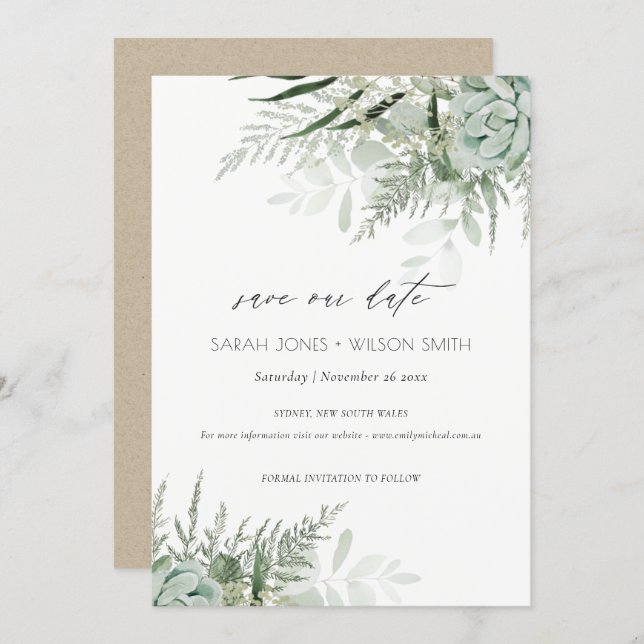 Dusky Leafy Fern Succulent Save the Date Card (Front/Back)