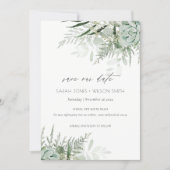 Dusky Leafy Fern Succulent Save the Date Card (Front)